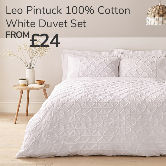 Leo Pintuck 100% Cotton White Duvet Cover and Pillowcase Set